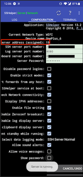 ssh server app running on android device